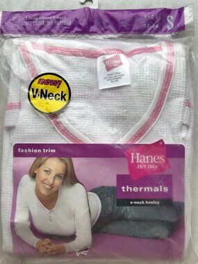 Vintage Y2K Hanes Her Way Thermal V-Neck Henley Top Small White Pink Trim NWT